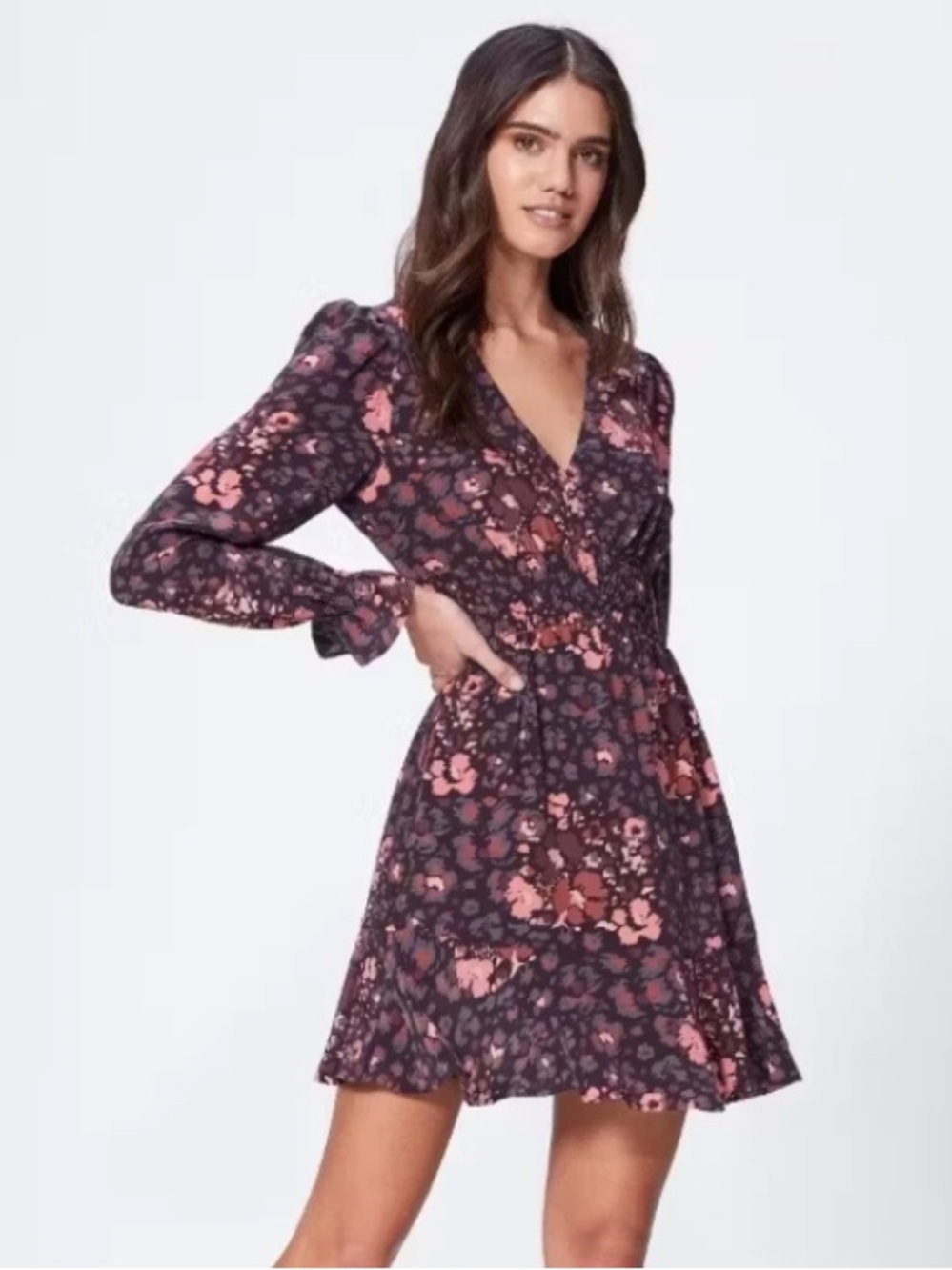 PAIGE Floral V-Neck Long Sleeve Silk Mini Dress with Pink Accents